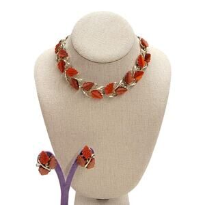 Vintage 1950s Orange Lucite Thermoset Fall Leaf Choker Necklace Clip Earrings
